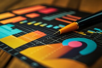 Colorful data visualization analysis with a pen on a wooden table