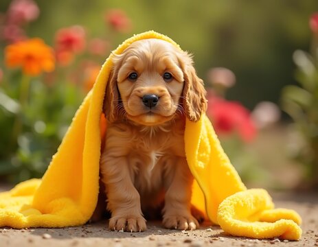 Adorable Golden Cocker Spaniel Puppy in Yellow Blanket