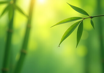 Obraz premium droplets fall gently bamboo leaf slow motion outside warm sunny