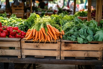 Rustic wooden market stand with fresh vegetables, enhanced by natural light