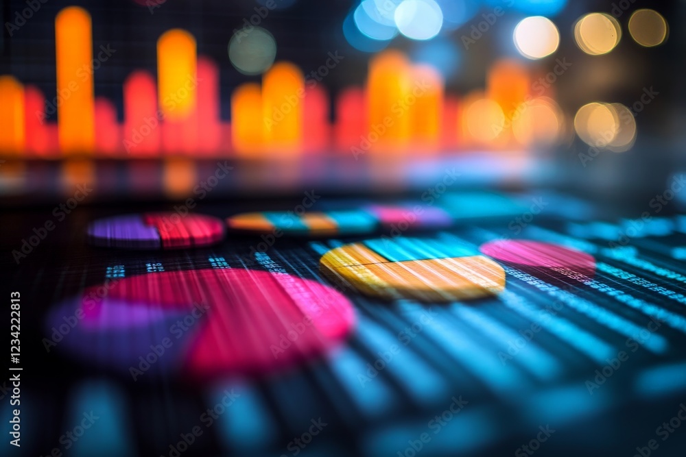 Poster Visual representation of data analytics with colorful charts and glowing bar graphs at a tech workspace