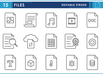 A set of line icons related to various Files. Extension, bugs, attachment, music, upload, download, verified, system, and so on. Vector editable stroke.
