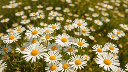 Fototapeta premium A cheerful field of white daisies with yellow centers, bathed in warm sunlight, gently swaying in the breeze