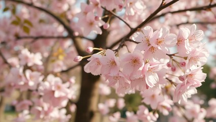Fototapeta premium A scenic view of cherry blossoms in full bloom, their delicate pink petals creating a dreamy and romantic atmosphere in a park setting