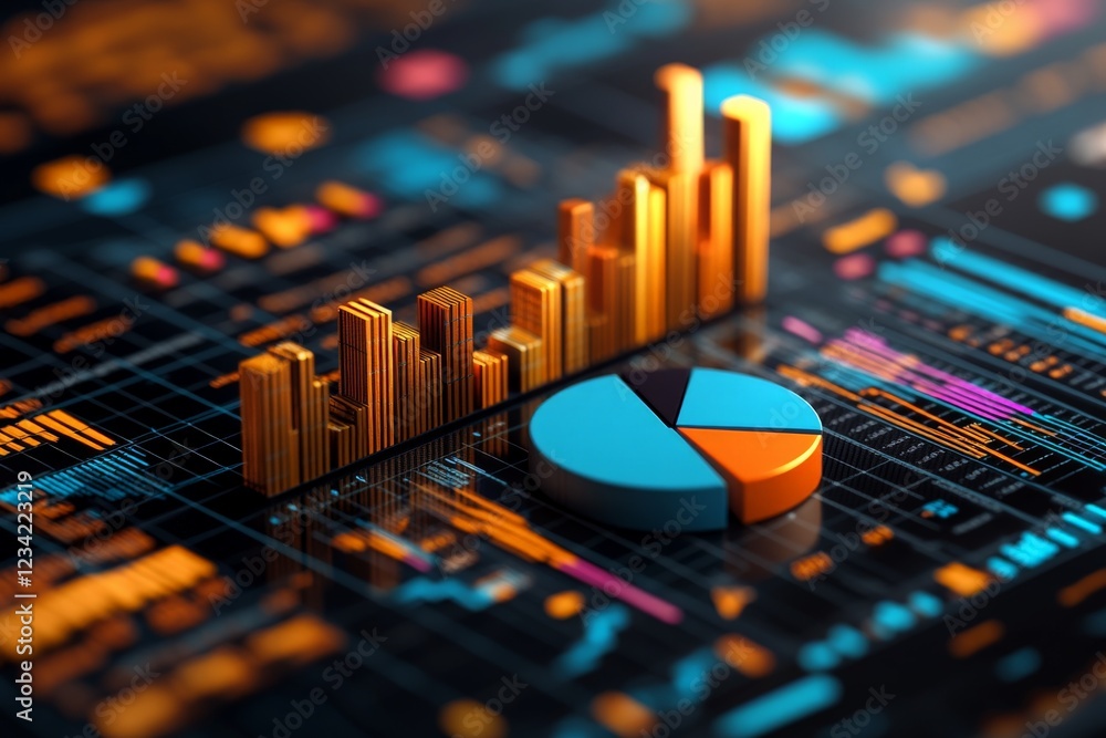 Aufkleber Digital data visualization displaying a vibrant bar chart alongside a pie chart with futuristic design elements