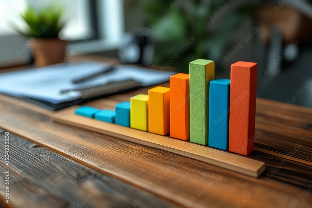 Poster colorful wooden blocks arranged in a bar graph display on a wooden desk with stationery in the backg