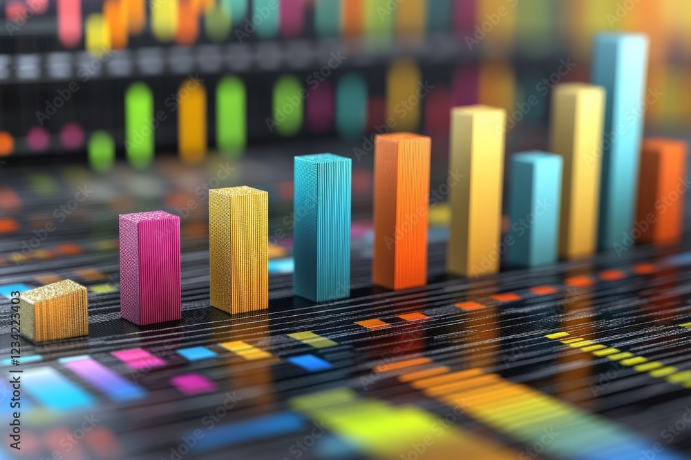 Poster Colorful data visualization displays trends and statistics in a dynamic and modern design with vibrant bars and grids