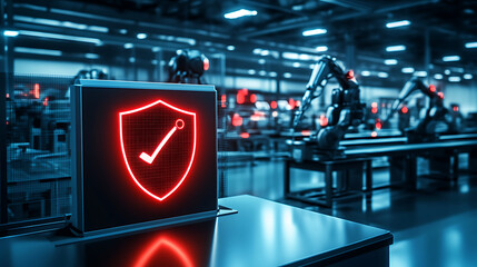 Red Digital Shield On Screen In Futuristic Smart Factory With Robotic Arms