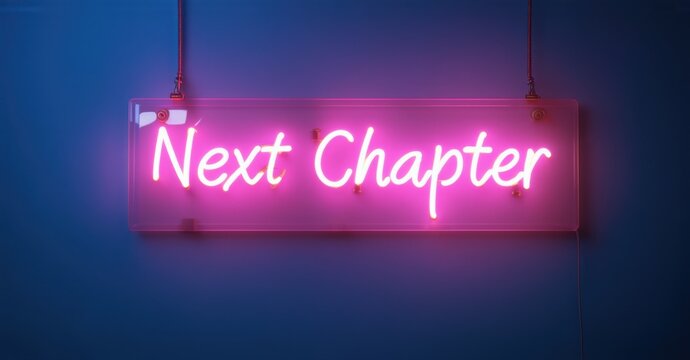 Neon sign next chapter glows in soft pink and blue hues, framed in a sleek glass case against a dark wall. The illuminated letters evoke transition, change, and a fresh start