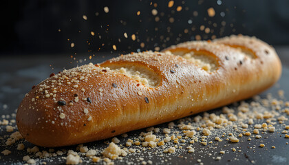 Baguette bread with falling crumbs