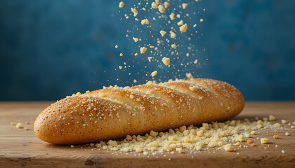 Baguette bread with falling crumbs
