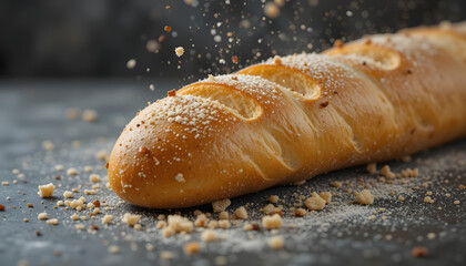 Baguette bread with falling crumbs