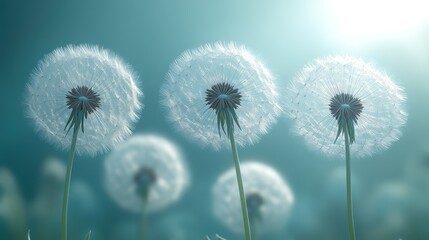 Serene Dandelions: A Breathtaking Field of White Puffs Under a Soft Teal Sky