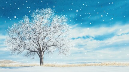 Snowy field, lone tree, winter landscape, serene scene, nature background