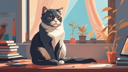 Cute Cat Sitting on Desk,Vector Illustration
