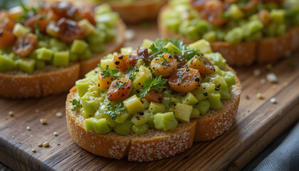 Close-up of avocado crostini on a wooden board 