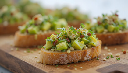 Close-up of avocado crostini on a wooden board 