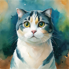 A vibrant watercolor depiction of a Scottish Fold cat with its gentle eyes and signature folds