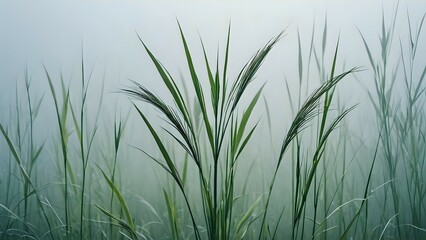 Fototapeta premium Serene misty meadow, tall grasses in soft morning light, peaceful nature scene.