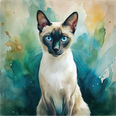 A vibrant watercolor depiction of a Siamese cat with its almond-shaped eyes and long tail