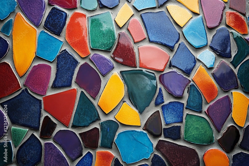 Poster Vibrant mosaic of colorful tiles arranged in a lively pattern on a wall in a public space