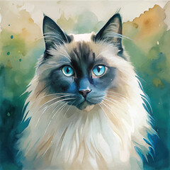 A vibrant watercolor depiction of a Ragdoll cat with its fluffy fur and relaxed demeanor