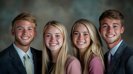 Happy siblings studio portrait, formal wear, gray backdrop, family photo