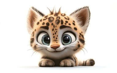 Fototapeta premium Cute cartoon jaguar cub, white background, playful pose, children's book illustration