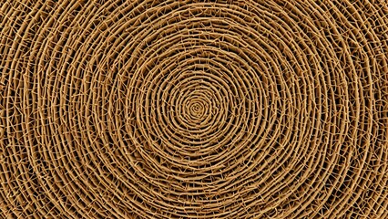 Naklejka premium Intricate woven texture, concentric circles of natural fibers, spiral pattern, earthy tones, detailed macro shot of handcrafted material.