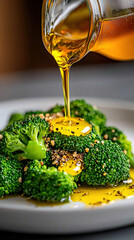Steamed broccoli with a light drizzle of olive oil, placed on a white plate with soft natural light in a clean food photography setup
