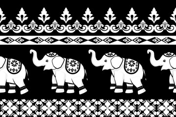 Black Thai elephant border, ethnic  pattern, ornament, Thai traditional style, illustration design for background,carpet,wrapping, textile, silk, fabric,trousers.