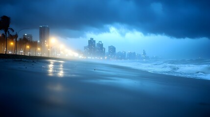 Fototapeta premium Dark Stormy Night Ocean Waves Crashing on Beach