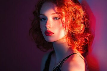 Redhead woman, colorful lighting, close-up portrait.