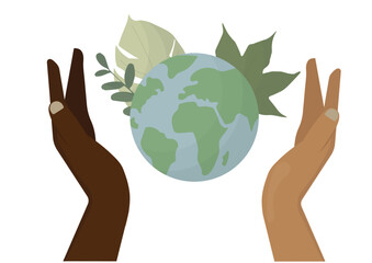 Diverse Hands Holding Earth with Greenery isolated on transparent background. Sustainability, environmental protection, unity, and global responsibility. Earth day. Flat style. Vector illustration