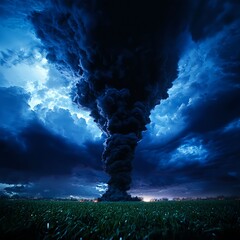 Dark Stormy Night Sky with Towering Black Smoke Plume