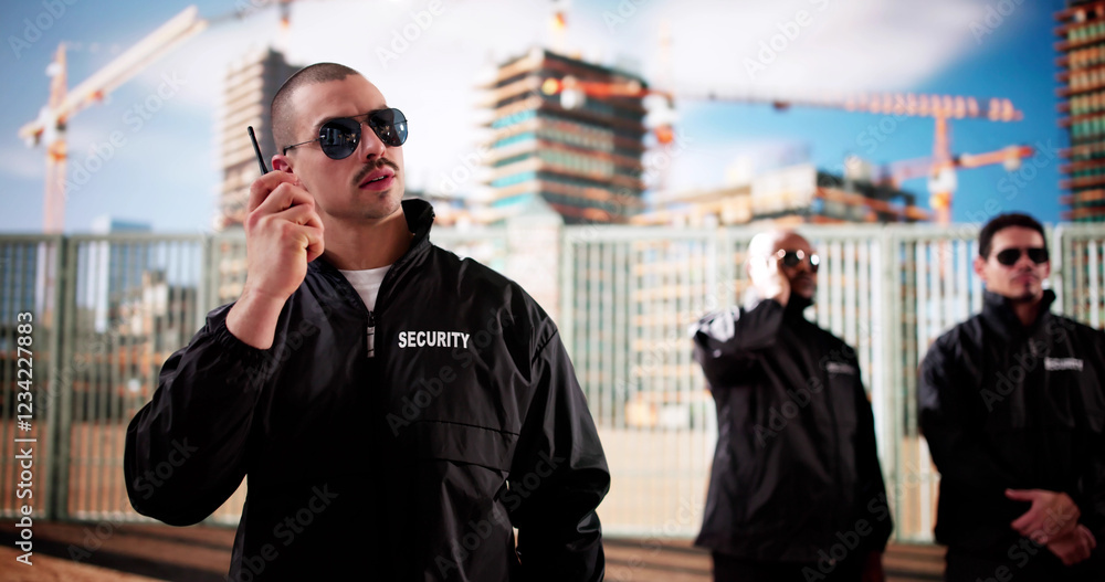 Poster diverse group of security guards in black uniform on construction site