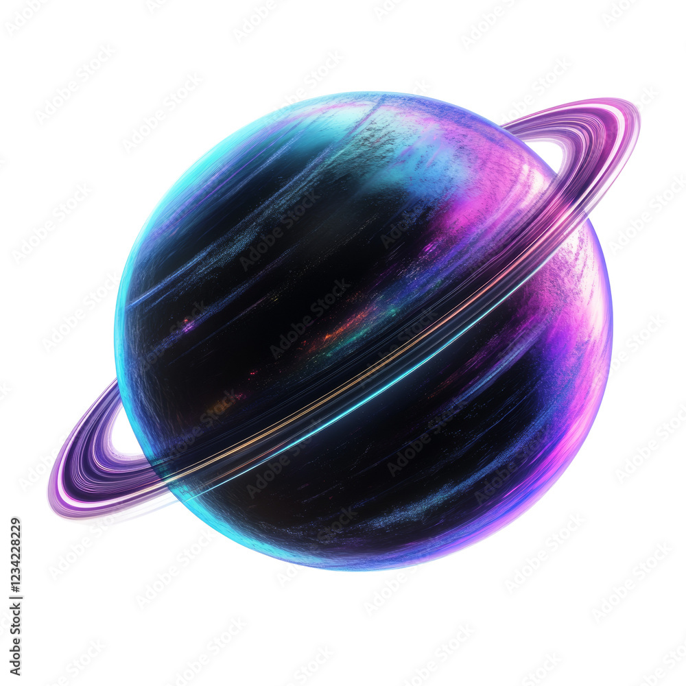 Poster A digitally rendered image depicts a vibrant planet with iridescent rings and a dark background showcasing neon colors.
