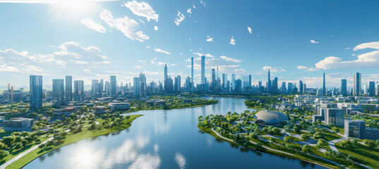 Modern sustainable city skyline with river and green parks on a sunny day