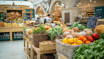 Fototapeta premium Fresh produce displayed on market stall showing bread, vegetables, and fruits