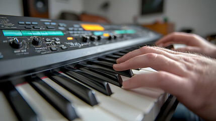 Man playing keyboard at home, living room background, music hobby