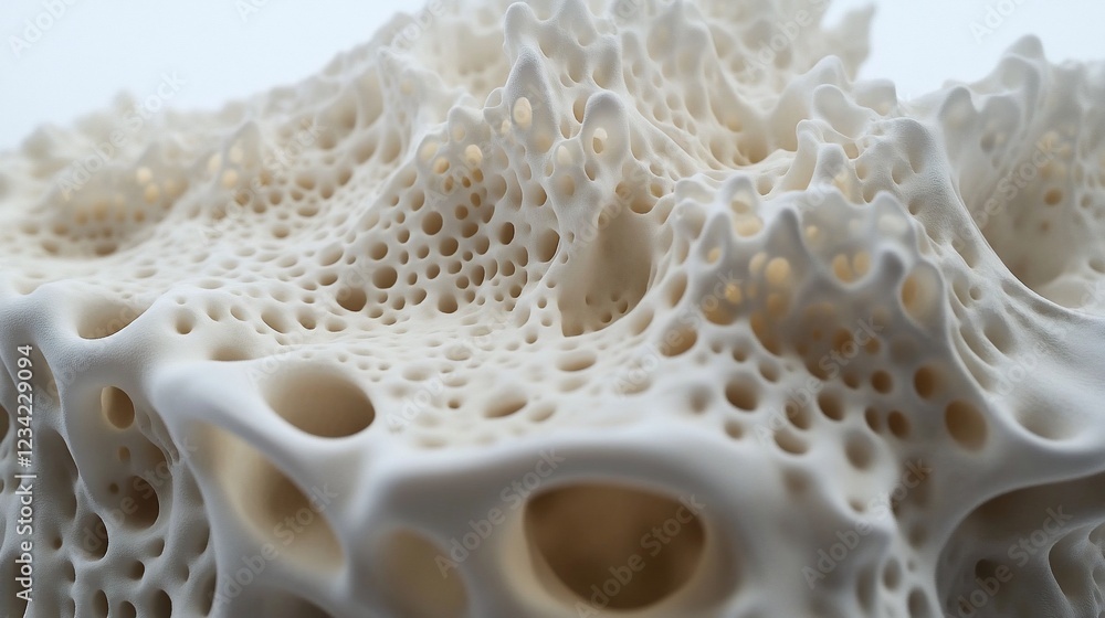 Poster close-up of a 3d printed porous structure, showing the intricate and delicate details of the materia