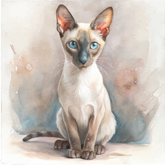 Artistic watercolor rendering of a Siamese cat with its distinctive features and graceful posture