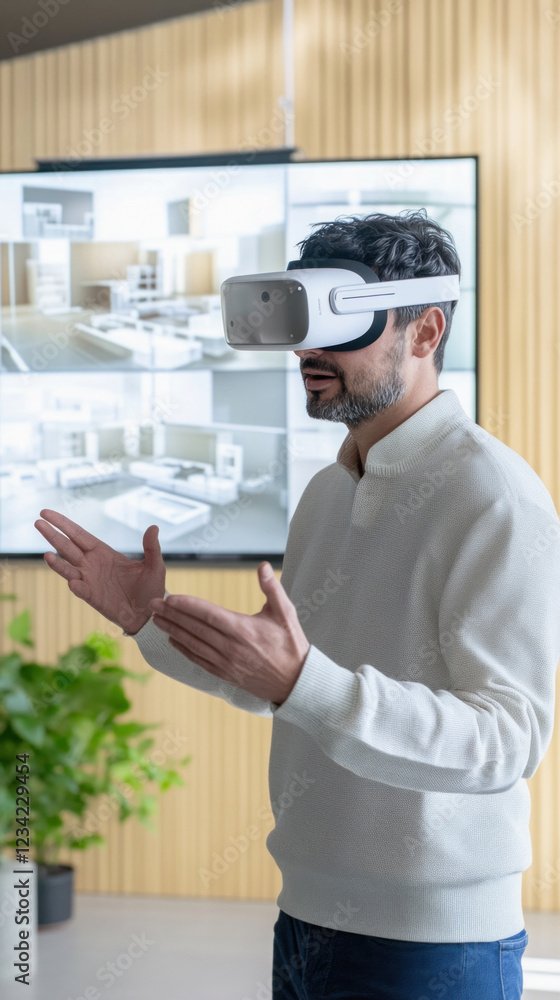 Poster architect using virtual reality headset exploring 3d interior design