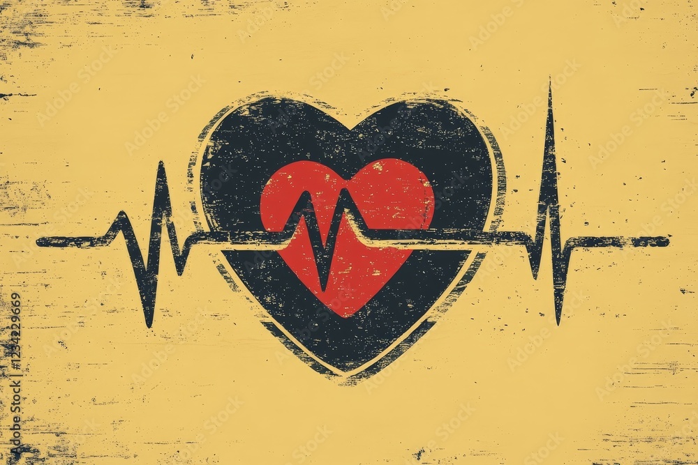 Poster heartbeat graphic depicting a heartbeat line within a heart on a textured yellow background