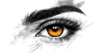 Obraz premium Dramatic Eye Sketch Amber Iris Long Lashes Black White Eyebrow Close up Abstract Art