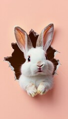 Obraz premium Cute White Bunny Peeking Through a Torn Hole in a Pastel Pink Wall, Perfect for Easter