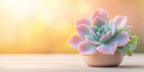 Succulent plants arrangement on pastel colored background. Potted succulent house plants. Flat lay, top view, copy space