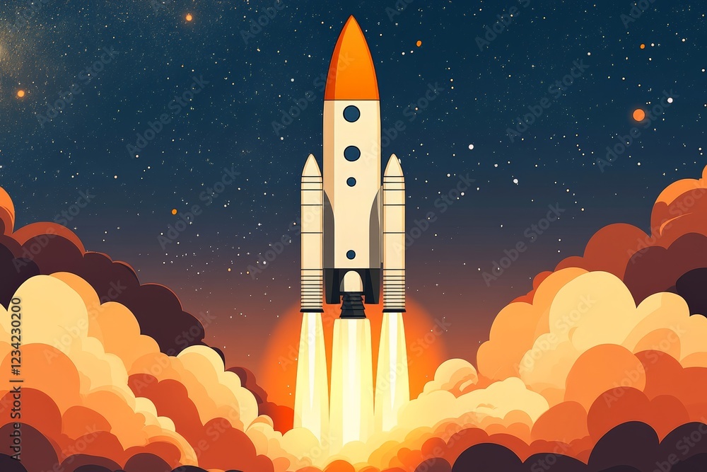Poster Rocket launches into a starlit sky with flames and clouds creating a dynamic atmosphere