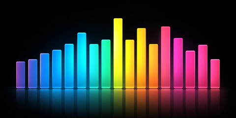Vibrant Equalizer Vertical Bar Chart with Gradient Colors, Isolated on Black Background.