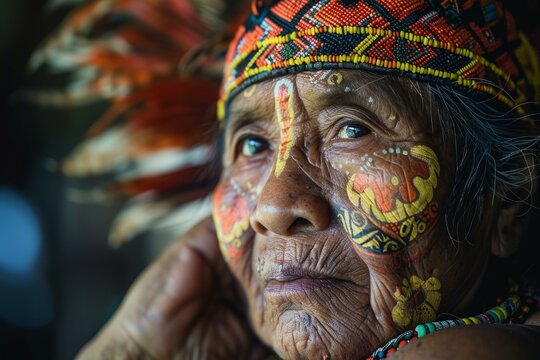 Close up portrait of an elderly amazonian indigenous person showcasing traditional face paint and headdress, reflecting wisdom and cultural heritage